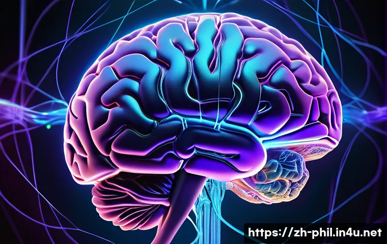 뇌과학과 철학의 접점 - A highly detailed, futuristic brain illustration showcasing key neural regions involved in conscious...