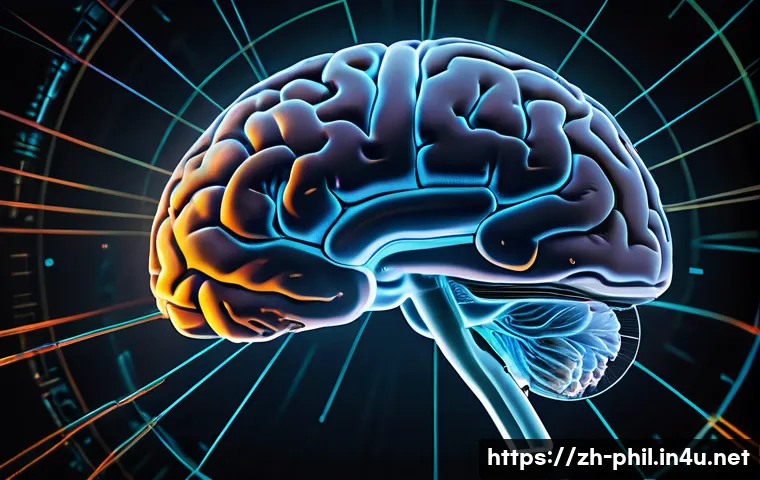 의식 연구와 철학적 논쟁 - A detailed digital illustration of a human brain viewed from above, highlighting the neural networks...