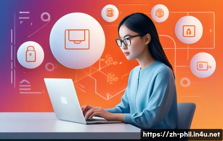 디지털 시대의 정보 윤리 - A modern digital privacy protection concept illustration showing a young Chinese woman in casual clo...