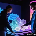 현대 미학에서 예술 개념의 변화 - A futuristic digital art scene showcasing an interactive 3D-printed sculpture integrated with AI-gen...
