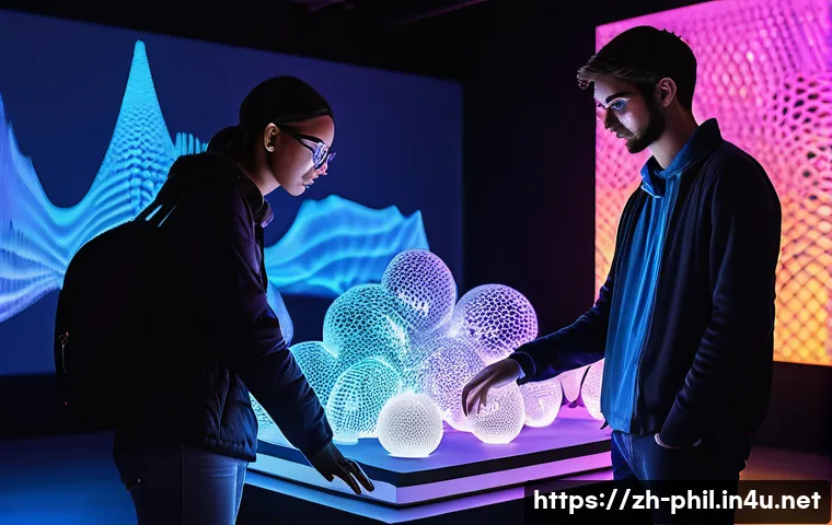 현대 미학에서 예술 개념의 변화 - A futuristic digital art scene showcasing an interactive 3D-printed sculpture integrated with AI-gen...