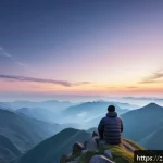 하이데거의 존재론과 현상학 - A serene mountain summit at dawn with a lone adult figure sitting quietly, deeply immersed in the va...