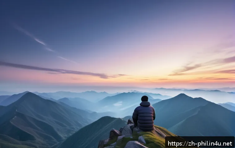 하이데거의 존재론과 현상학 - A serene mountain summit at dawn with a lone adult figure sitting quietly, deeply immersed in the va...